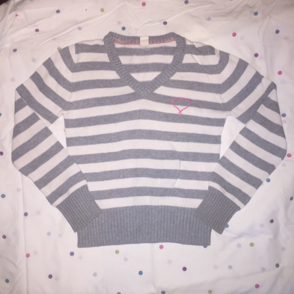 Gray and White Strip V-Neck Sweater